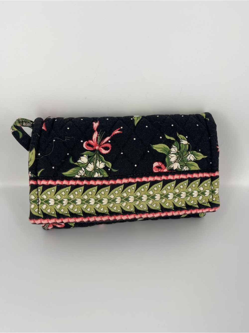 Vera Bradley Black Quilted Floral Wristlet with Pink & Green Trim